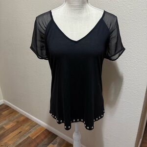 a.n.a Black Sheer Sleeve Top with Studded Hem - Size PM